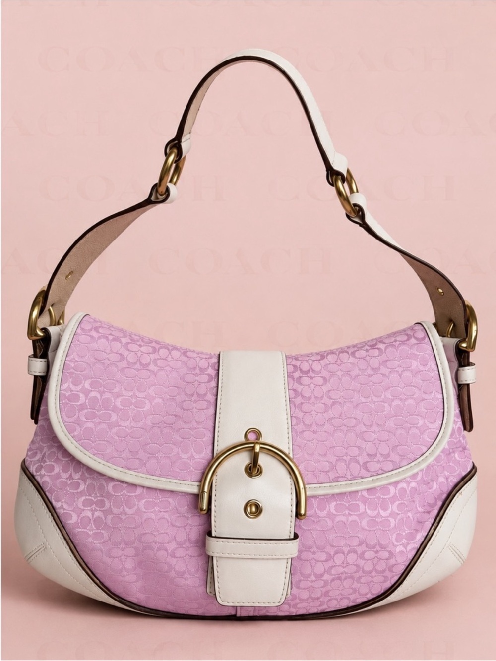 Coach Pink Jacquard Hobo Shoulder Bag with Cream Trim